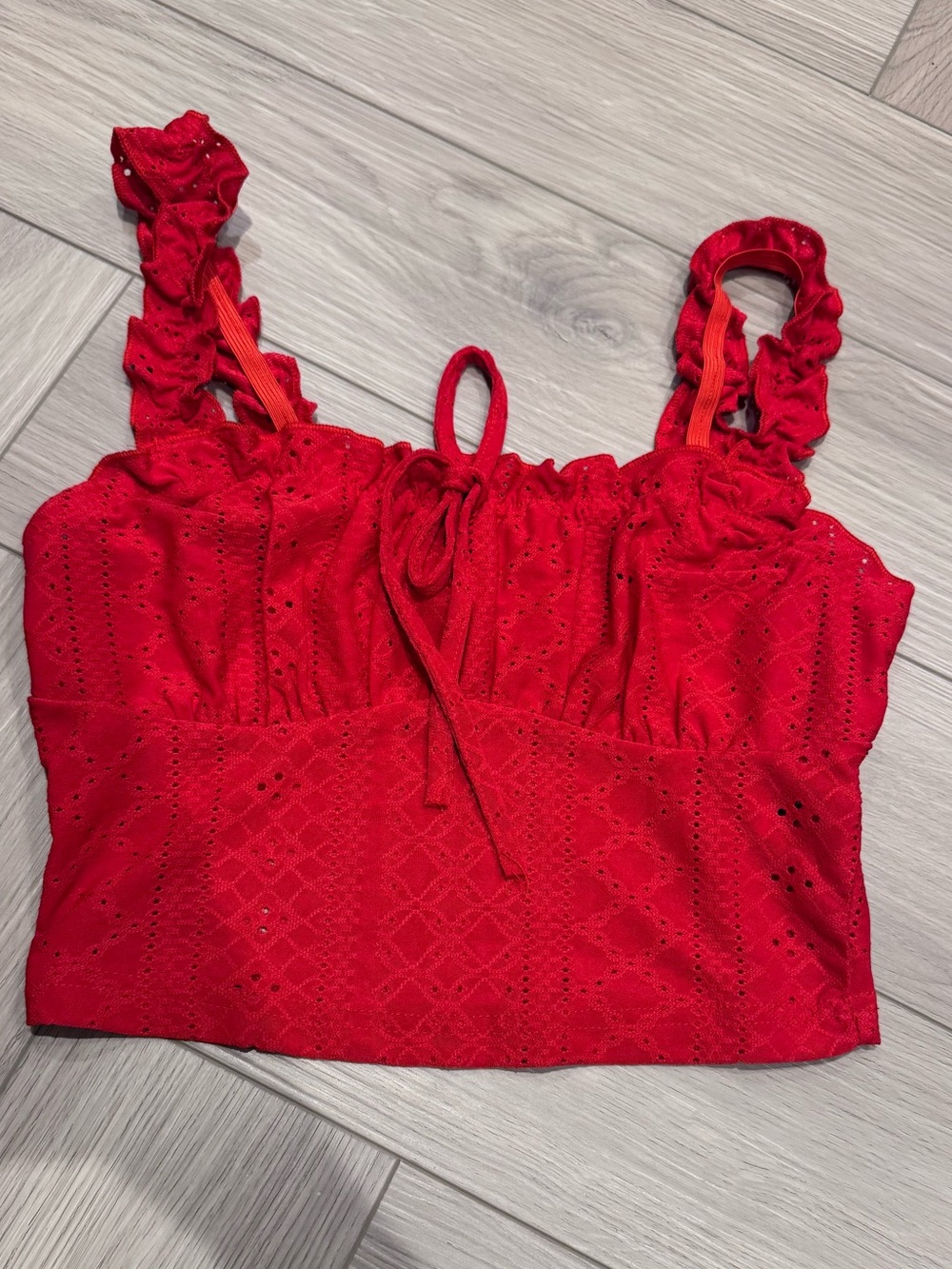 SHEIN Red Eyelet Ruffle Tie-Front Crop Top